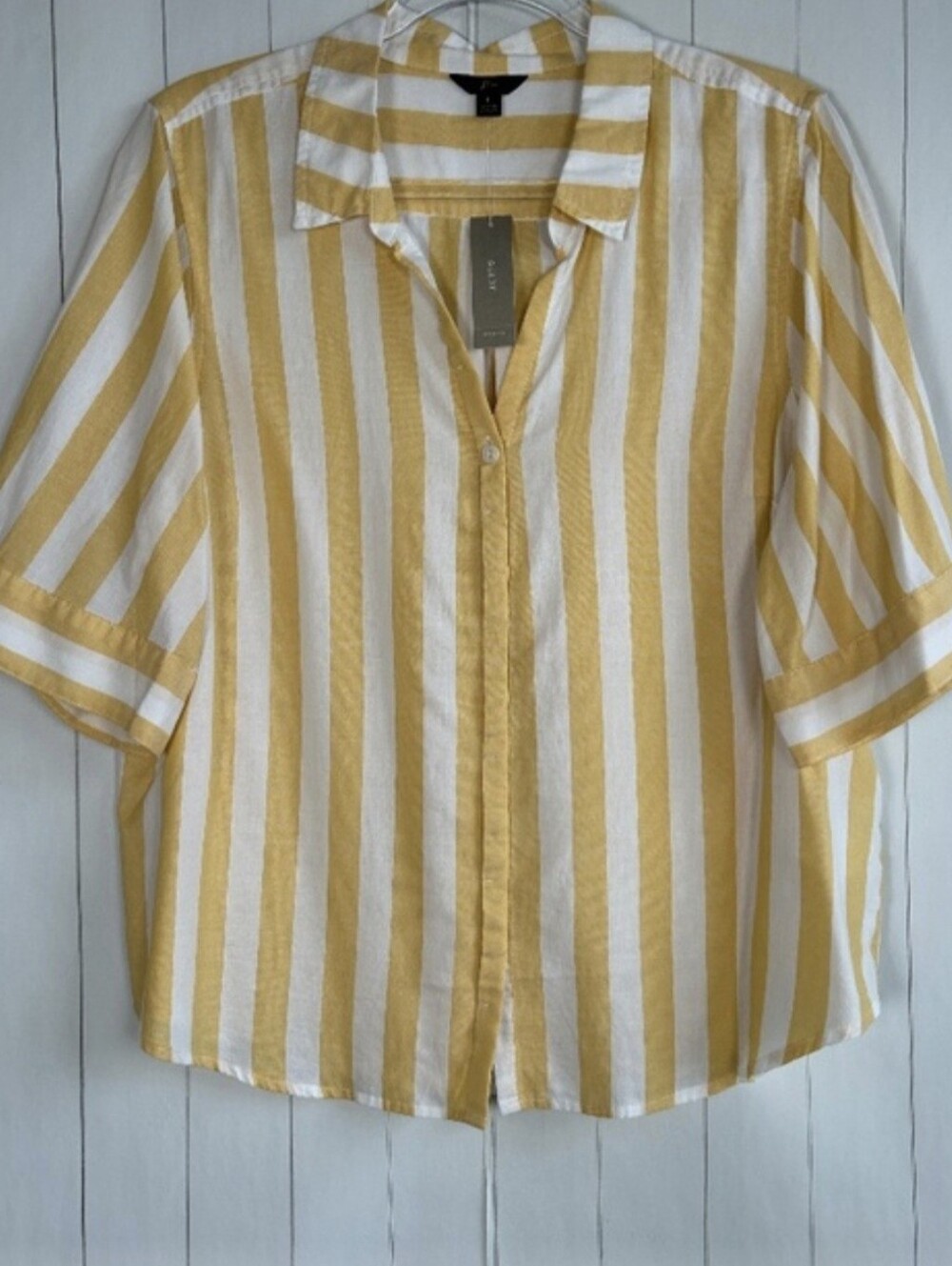 J. Crew women size L button down short sleeve shirt yellow white stripe cotton